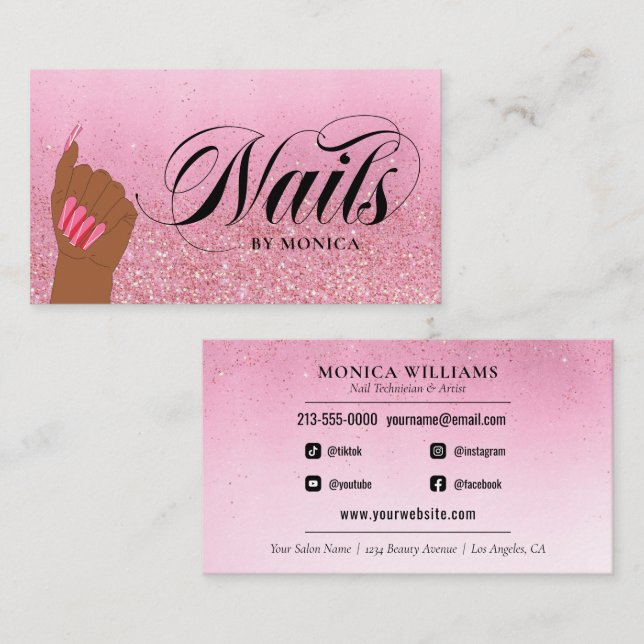 Nail Tech Manicurist Rose Red Glam Glitter Salon Business Card (Front/Back)