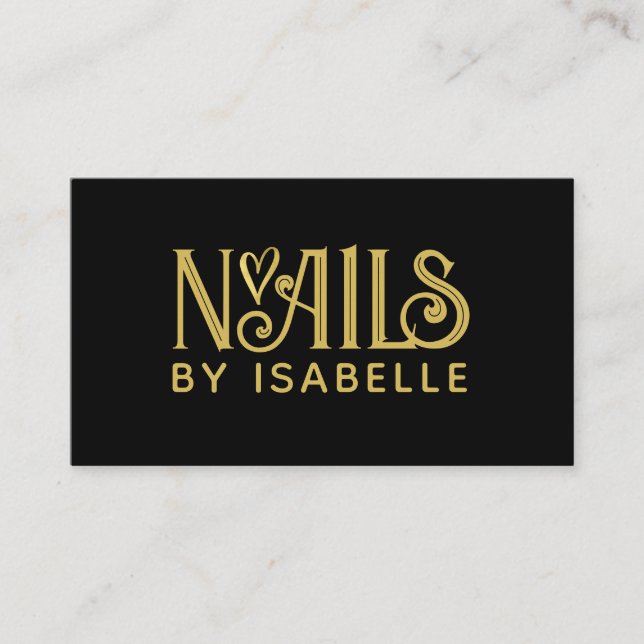 Nail Tech Nail Art Gold Logo Black Business Card (Front)