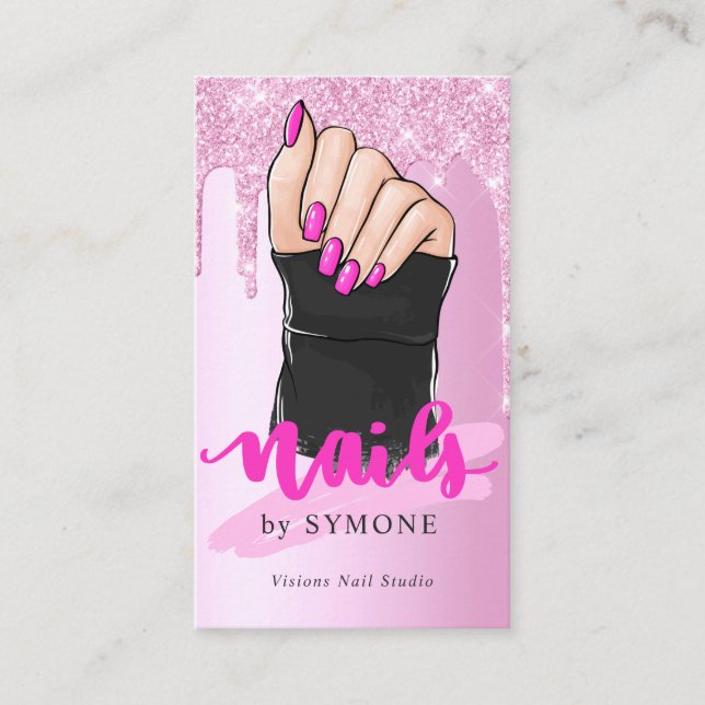 Nail Tech Nail Artist Salon Pink Glitter Dripping  Business Card (Front)
