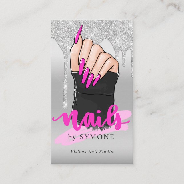 Nail Tech Nail Artist Salon Silver Glitter Drip Bu Business Card (Front)