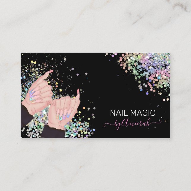 Nail Tech Nail Shop Holographic Glitter Hands Logo Business Card (Front)