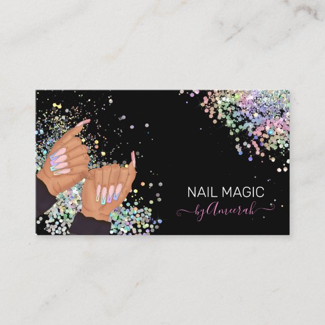 Nail Tech Nail Shop Holographic Glitter Hands Logo Business Card (Front)