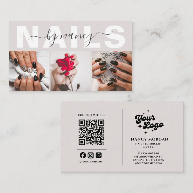 Nail Tech neutral beige 3 Photo Grid QR Code  Business Card (Front/Back)