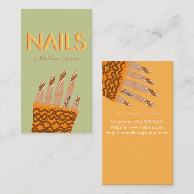 Nail Tech Orange Triple Lettering Hands Business Card (Front/Back)