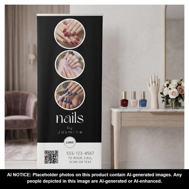 Nail Tech QR Code 3 Photo Collage Salon Display Retractable Banner (Creator Uploaded)