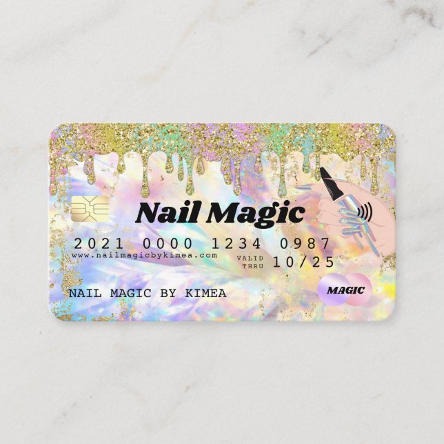 Nail Tech Rainbow Holographic Glitter Drip Credit  Business Card (Front)