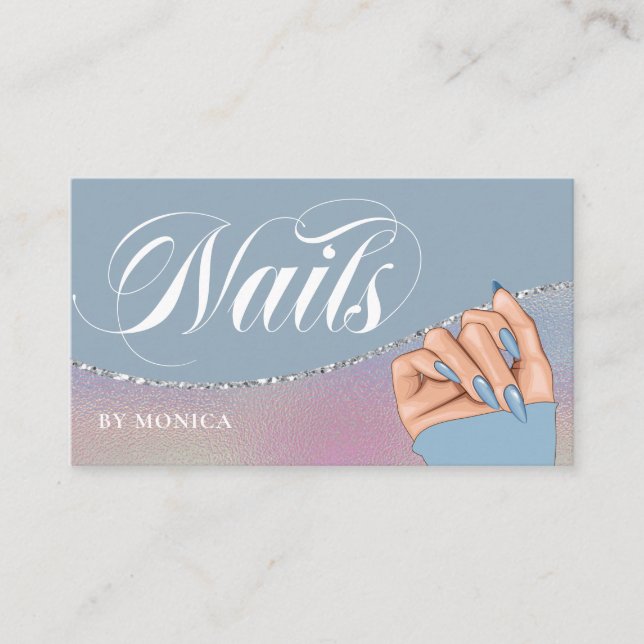 Nail Tech & Salon Blue Rainbow Metallic Elegant Bu Business Card (Front)