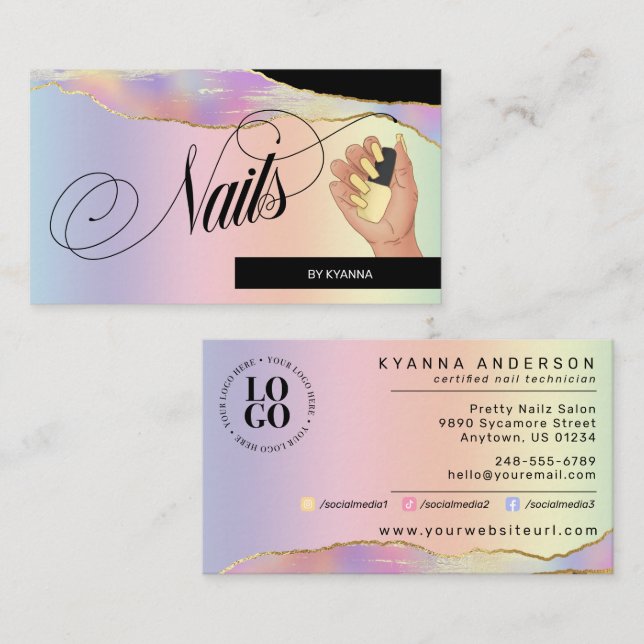 Nail Tech/Salon - Holographic Pastel Rainbow, Logo Business Card (Front/Back)