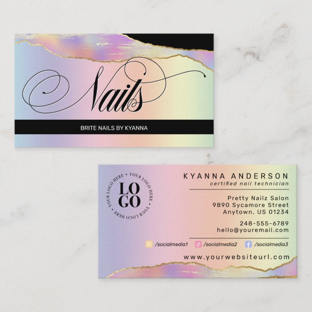 Nail Tech/Salon Holographic Rainbow - Custom Logo  Business Card (Front/Back)