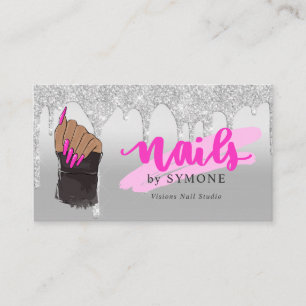 Nail Tech Salon Pink & Silver Dripping Glitter Business Card
