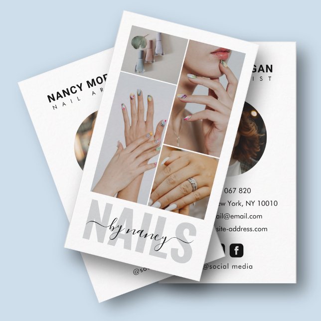 Nail Tech Script Typography 4 photo Collage Business Card (Creator Uploaded)