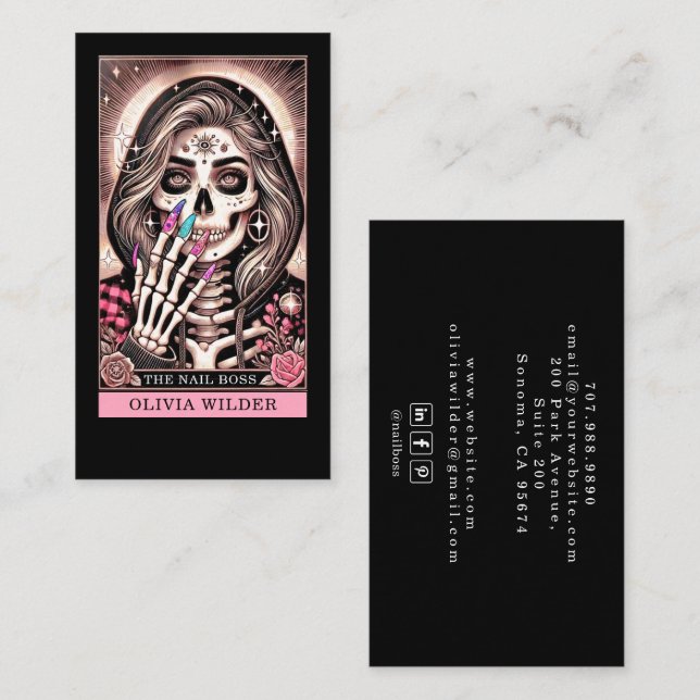 Nail Tech Tarot Card Black Business Card (Front/Back)