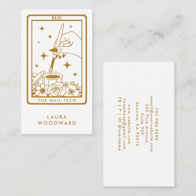 Nail Tech Tarot Style Gold On White Business Card (Front/Back)