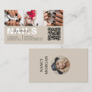 Nail Tech Typography Photo Collage QR Code Beige Business Card
