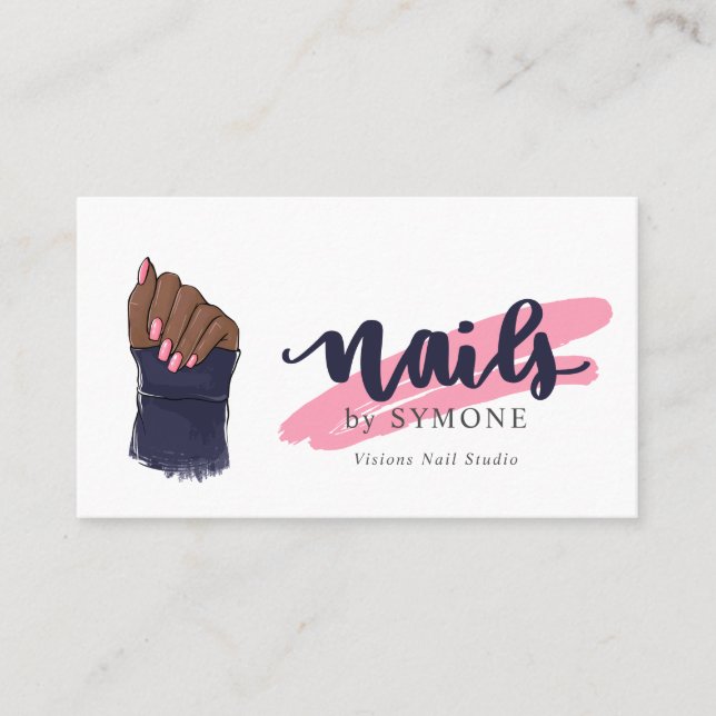 Nail Technician Beauty Salon Pink and Navy Blue Business Card (Front)