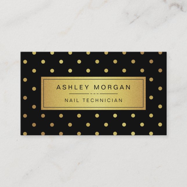 Nail Technician - Black White Gold Dots Business Card (Front)