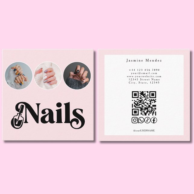 Nail Technician Blush Pink 3 Photo QR Code Square Business Card (Creator Uploaded)