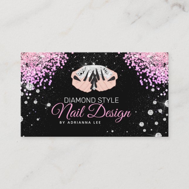 Nail Technician Diamond Glitter Pink & Black Salon Business Card (Front)