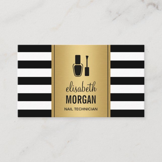 NAIL TECHNICIAN Elegant Gold Black White Stripes Business Card (Front)