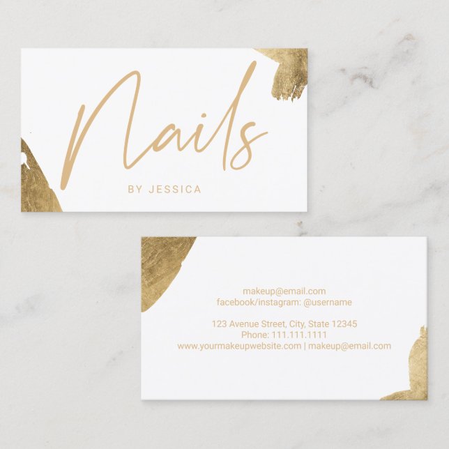 Nail technician elegant gold brushstroke white business card (Front/Back)