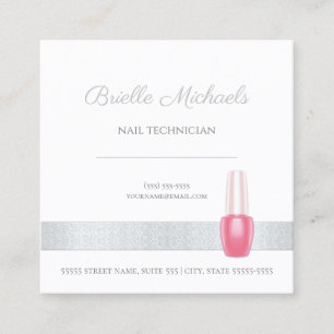 Nail Technician Elegant Silver With Pink Polish Square Business Card