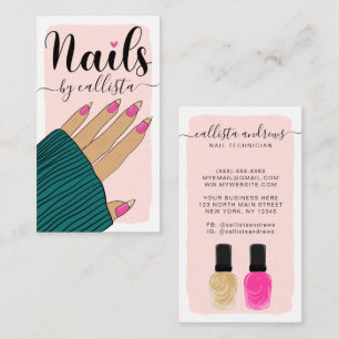 Nail Technician Girly Pink Gold Hand Illustration Business Card