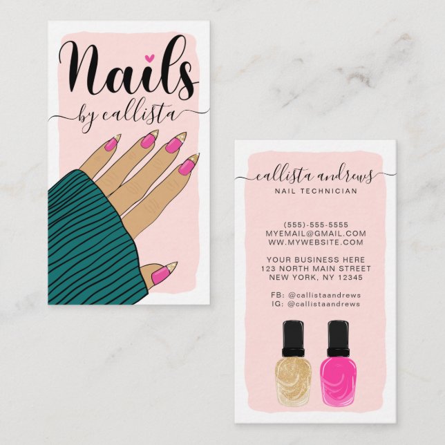 Nail Technician Girly Pink Gold Hand Illustration Business Card (Front/Back)