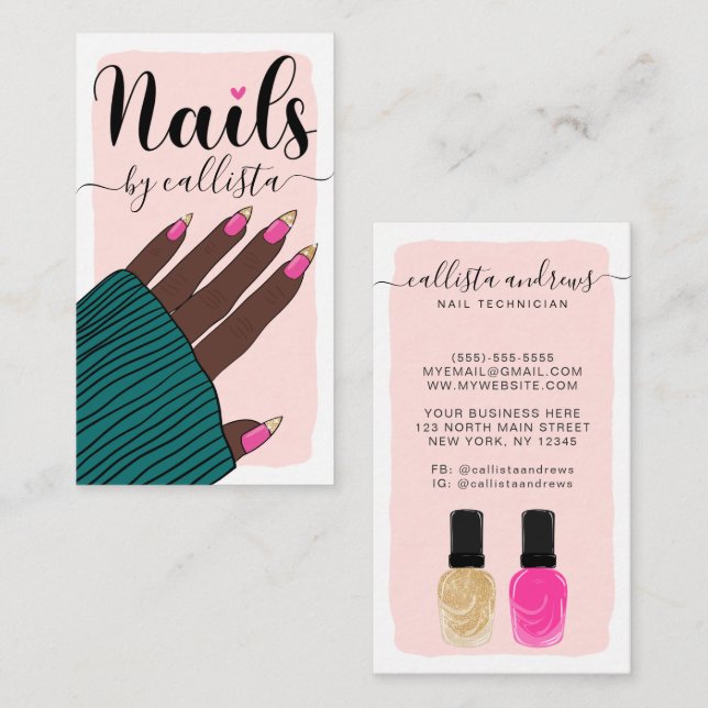 Nail Technician Girly Pink Gold Hand Illustration  Business Card (Front/Back)