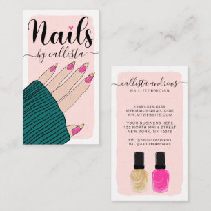 Nail Technician Girly Pink Gold Hand Illustration  Business Card