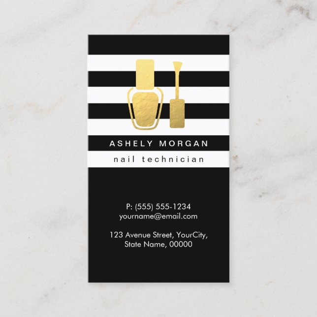 Nail Technician Gold Polish Bottle B&W Stripes Business Card (Front)