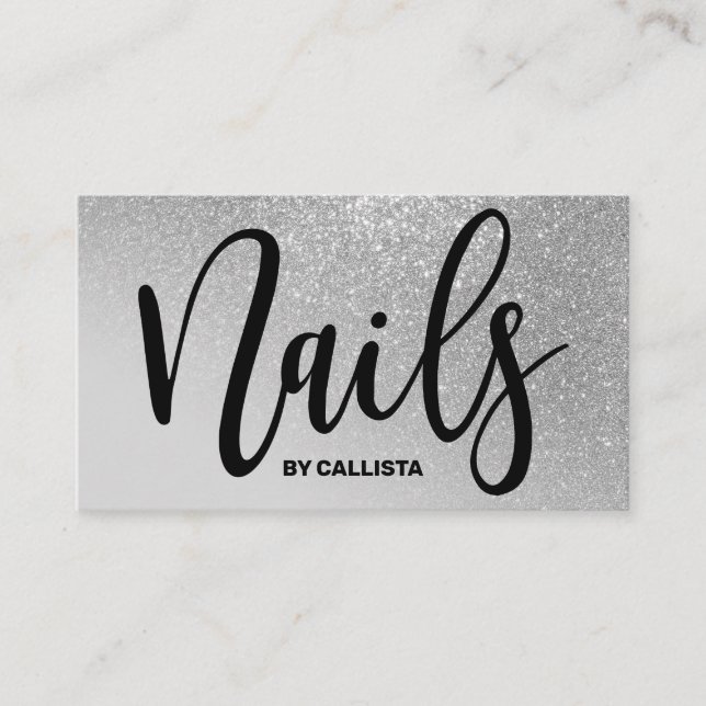 Nail Technician Grey Silver Glitter Typography Business Card (Front)