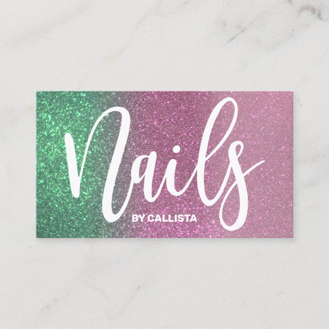 Nail Technician Mermaid Green Pink Triple Glitter Business Card (Front)