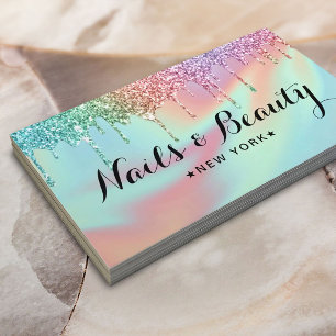 Nail Technician Modern Holographic Glitter Drips Business Card