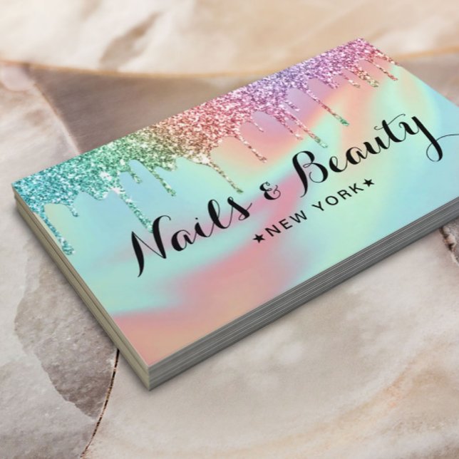 Nail Technician Modern Holographic Glitter Drips Business Card (Creator Uploaded)