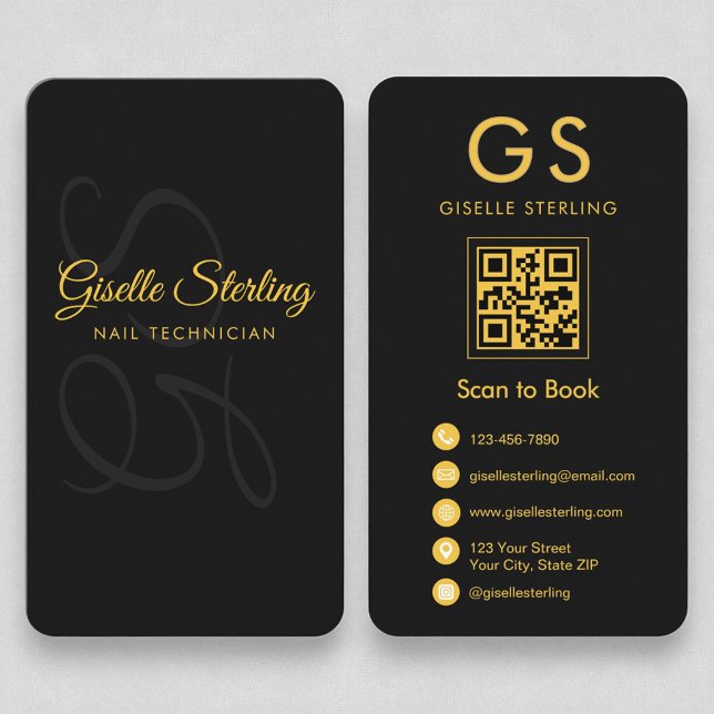 Nail Technician Monogram Black Gold QR Code Beauty Business Card (Creator Uploaded)