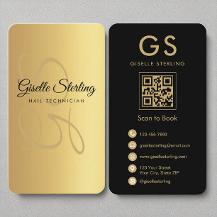 Nail Technician Monogram Gold Black QR Code Business Card