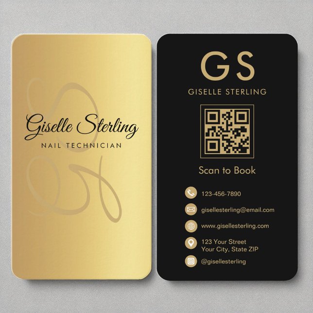 Nail Technician Monogram Gold Black QR Code Business Card (Creator Uploaded)