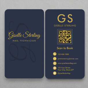 Nail Technician Monogram Navy Blue Gold QR Code Business Card