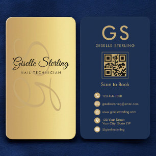 Nail Technician Monogram Navy Blue Gold QR Code Business Card