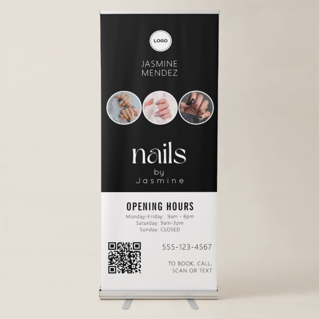 Nail Technician Opening Hours Logo QR Code 3 Photo Retractable Banner (Front)
