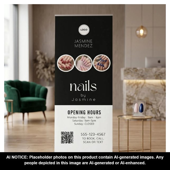 Nail Technician Opening Hours Logo QR Code 3 Photo Retractable Banner (Creator Uploaded)