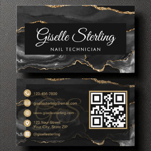 Nail Technician QR Code Black Gold Agate Luxury Business Card