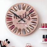 Nail Technician Rose Gold Personalised  Round Clock<br><div class="desc">Modern rose gold nail technician,  nail bar clock. Design features set of nails on a rose gold sparkly background. Personalise with a name.</div>