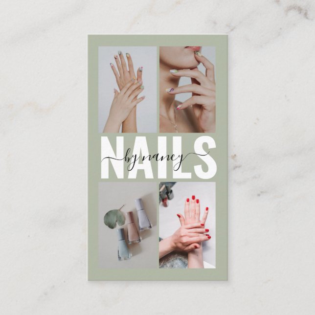 Nail Technician Sage Green Photo Collage Qr Code Business Card (Front)