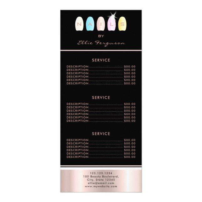 Nail Technician Salon Glitter Glam Rose Gold Black Rack Card (Front)