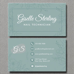 Nail Technician Teal Floral Line Art Modern Script Business Card