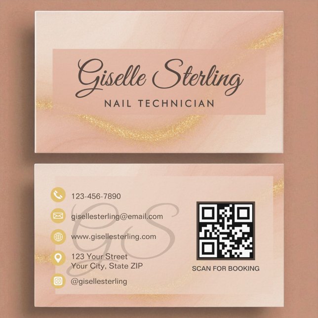 Nail Technician Watercolor Gold Monogram QR Code Business Card (Creator Uploaded)