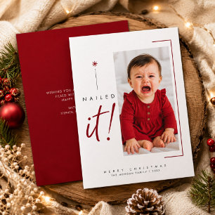 Nailed It Red Vertical Photo Funny Baby Christmas Holiday Card