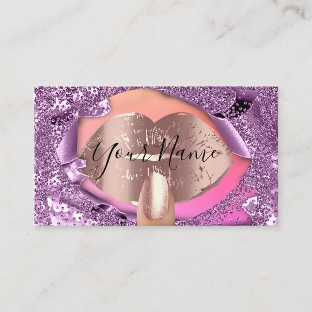 Nails Artist Makeup Rose Purple Kiss Lips Glitter Business Card (Front)