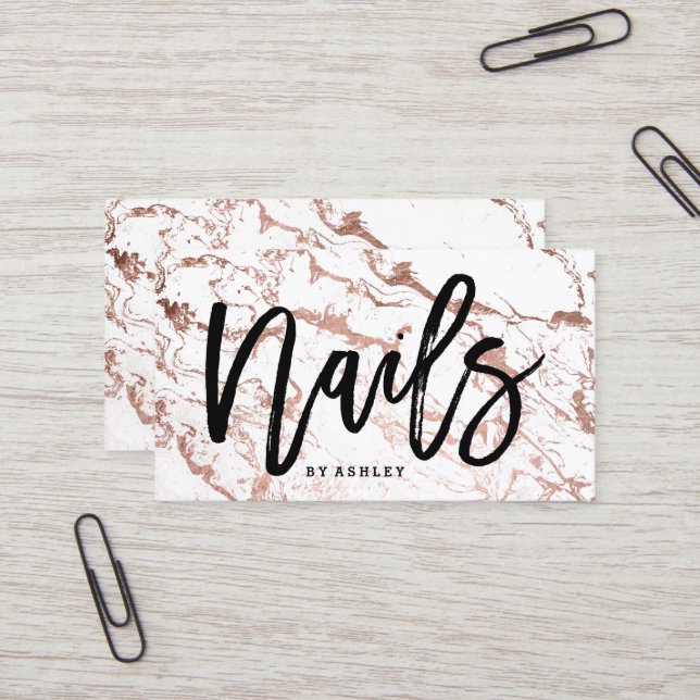 Nails artist typography rose gold white marble business card (Front/Back In Situ)